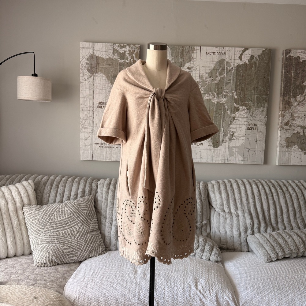 Anthropologie Hazel Eyelet Embroidered Tie Front Short Sleeve‎ Swing Coat Tan M